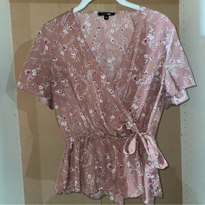 Pink Floral Print Blouse with Tie in Front Cross Over Elastic Waist